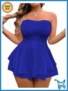 Plus Size Floral Layered Strapless Romper Sleeveless Mini Jumpsuit